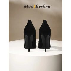 Diamond square buckle black high heels, slim heels, fashionable temperament, suede professional pointed French single shoes
