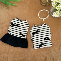Summer Striped Dog Dress – Bow Collar Outfit for Small Dogs, Black & White Pet Clothes
