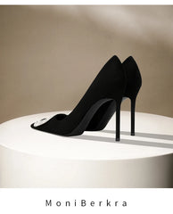 Diamond square buckle black high heels, slim heels, fashionable temperament, suede professional pointed French single shoes