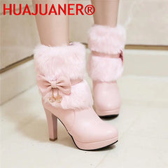 2025 New Fashion Womens Winter High Heel Boots Pink White Black Fur Tassel Bowtie Lovely Lolita Ladies Party Wedding Shoes