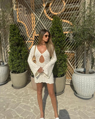 Boho Striped Knit Mini Dress – V-Neck Cut-Out Bell Sleeve Cover-Up (K123)