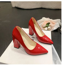 10cm High Heel Colorful Pumps Women's Shoes Pointed Toe Fashion Red 3.9inch Chunky Heels Patent Leather Female Plus Size 49 50