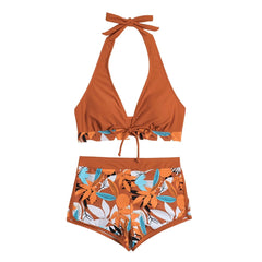 High-Waist Plant Print Bikini Set – Women’s Two-Piece Swimsuit