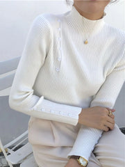 Women’s Knitted Turtleneck Sweater – Slim Button Pullover