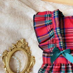 Red Plaid School-Style Dog Dress 🎀 Festive Outfit with Bow & Flutter Sleeves