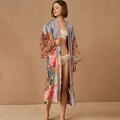 Peacock Print Beach Kimono – Self-Belted Swimsuit Cover-Up Wrap Dress