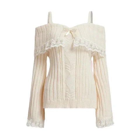 Women’s Off-Shoulder Pink Knit Sweater – Bow Lace Patchwork Pullover