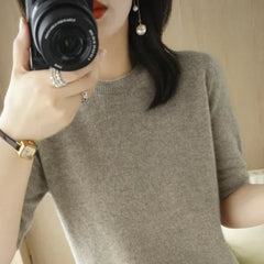 Women’s Short Sleeve Slim Fit Knitted Sweater – Camel & Pink