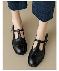 Retro Women's Brogue Leather Shoes Spring round Head Carved Mary Jane Shoes Women Oxfords Women's Shoes Ladies Leather Female