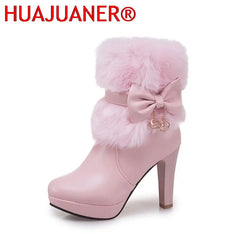 2025 New Fashion Womens Winter High Heel Boots Pink White Black Fur Tassel Bowtie Lovely Lolita Ladies Party Wedding Shoes
