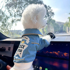 Rock Embroidered Blue Pet Jacket – Stylish Spring Outfit for Dogs & Cats