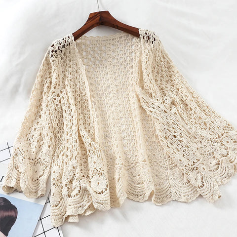 Women’s Open Lace Floral Cardigan – Crocheted Hollow Out Shrug