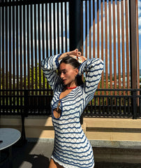 Boho Striped Knit Mini Dress – V-Neck Cut-Out Bell Sleeve Cover-Up (K123)