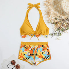 High-Waist Plant Print Bikini Set – Women’s Two-Piece Swimsuit