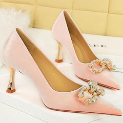 Luxury Women 7cm High Heels Wedding Replica Pumps Lady Luxury Designer Metal Chain Buckle High Heels Stiletto Women Dress Shoes