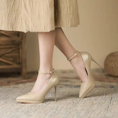 11cm Super High Stiletto Heels Pumps Women Shoes Pearl Chain Thong Ankle Strap Pointed Toe Big Size Leather Office Shoes