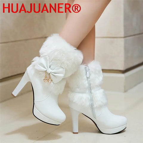 2025 New Fashion Womens Winter High Heel Boots Pink White Black Fur Tassel Bowtie Lovely Lolita Ladies Party Wedding Shoes