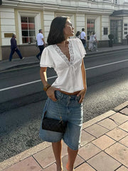 Women’s Lace Patchwork Top – V-Neck Short Sleeve Tee