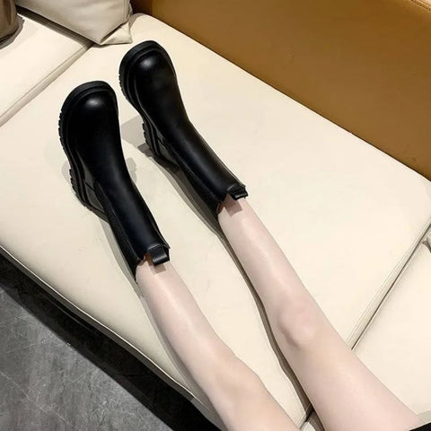 Black Ladies Boots Elegant with Low Heels Shoes for Women Chelsea Mid Calf Half High Footwear Spring Autumn Sale Quality 2025 Pu
