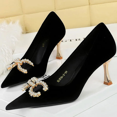 Luxury Women 7cm High Heels Wedding Replica Pumps Lady Luxury Designer Metal Chain Buckle High Heels Stiletto Women Dress Shoes