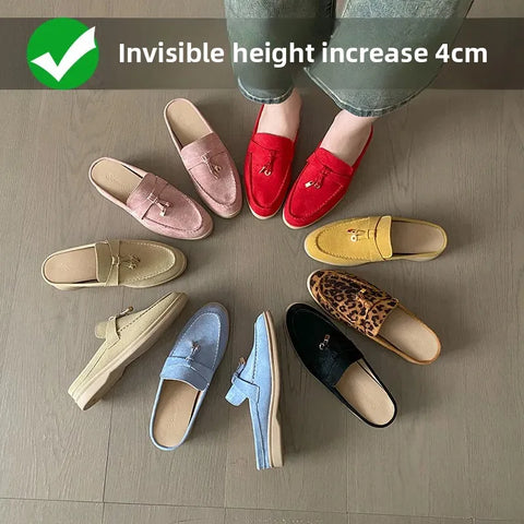 New 2025 Soft Bottom Tassel Lock Buckle High Top Loafers Women's round Toe Mid Heel Comfortable Leather Shoes Leisure Style