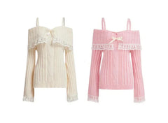 Women’s Off-Shoulder Pink Knit Sweater – Bow Lace Patchwork Pullover