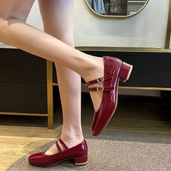 Burgundy Patent Mary Jane Pumps – Double Buckle Vintage Low Block Heels (2025)