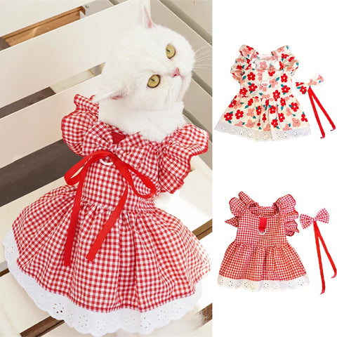 Summer Floral Plaid Dog Dress – Cute Princess Outfit for Small Dogs & Cats