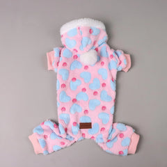 Heart Plush Dog Pajamas – Warm Fleece Winter Onesie with Pom-Pom for Small Dogs