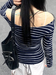 Women’s Japanese Stripe Long Sleeve Tee – Slim Off-Shoulder Y2K Top
