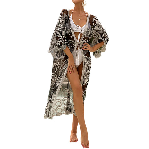 Summer Printed Midi Beach Dress – Women’s 3/4 Sleeve Tie-Up Swimsuit Cover-Up