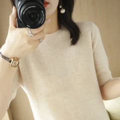 Women’s Short Sleeve Slim Fit Knitted Sweater – Camel & Pink