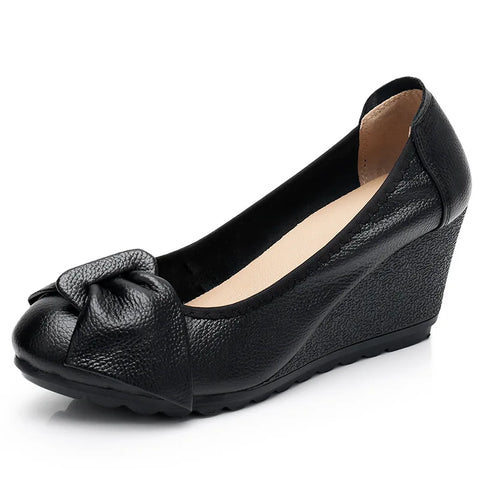 Genuine Leather 7cm High Heels Women Wedge Shoes Elegant Ladies Pure Black Beige Soft Comfortable