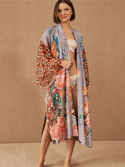 Peacock Print Beach Kimono – Self-Belted Swimsuit Cover-Up Wrap Dress