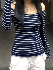 Women’s Japanese Stripe Long Sleeve Tee – Slim Off-Shoulder Y2K Top