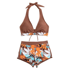 High-Waist Plant Print Bikini Set – Women’s Two-Piece Swimsuit
