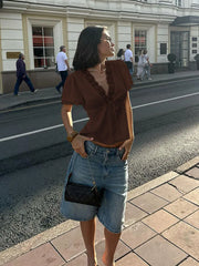 Women’s Lace Patchwork Top – V-Neck Short Sleeve Tee