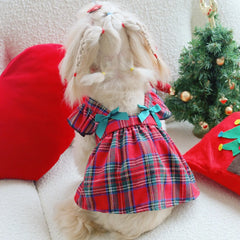 Red Plaid School-Style Dog Dress 🎀 Festive Outfit with Bow & Flutter Sleeves