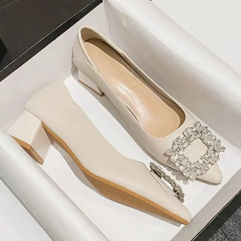 Women's Elegant Black Mid Block Heels Pumps with Crystal Rhinestone Pointed Toe Dress Shoes