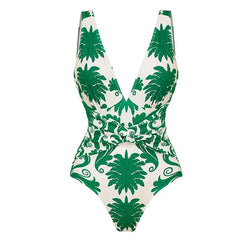 Flaxmaker Deep V-Neck Swimsuit & Pants Set – Women’s Printed One-Piece Beachwear 2025