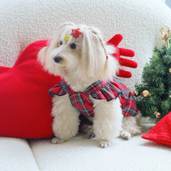 Red Plaid School-Style Dog Dress 🎀 Festive Outfit with Bow & Flutter Sleeves