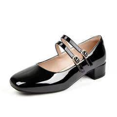 Burgundy Patent Mary Jane Pumps – Double Buckle Vintage Low Block Heels (2025)