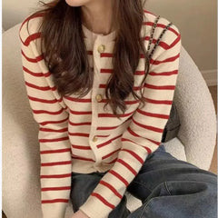 Women’s Stripe Knit Cardigan – O-Neck Single-Breasted Crop Sweater