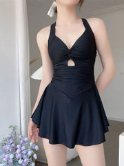 Solid Color Slimming One-Piece Swimsuit – Women’s Dress-Style Vacation Swimwear