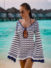 Boho Striped Knit Mini Dress – V-Neck Cut-Out Bell Sleeve Cover-Up (K123)