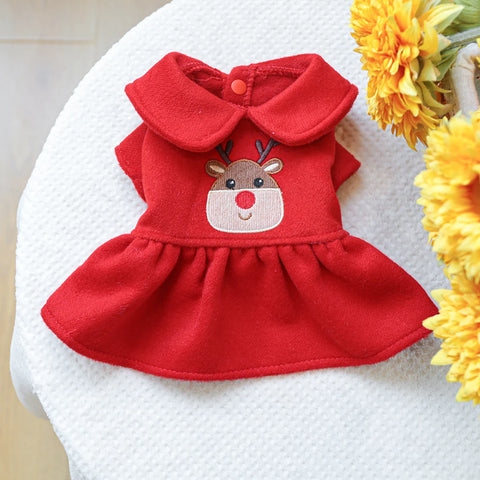 Christmas Elk Pet Dress 🎄 Warm Red Winter Outfit for Dogs & Cats