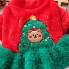 Christmas Tree Bear Pet Dress – Warm Red Winter Outfit for Small Dogs & Cats