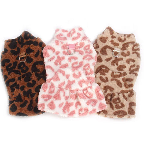 Leopard Print Dog Dress – Winter Fleece Hoodie Coat for Small Dogs