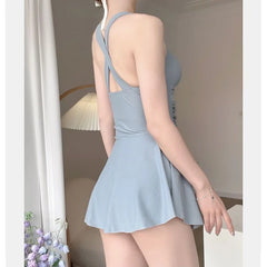 Solid Color Slimming One-Piece Swimsuit – Women’s Dress-Style Vacation Swimwear