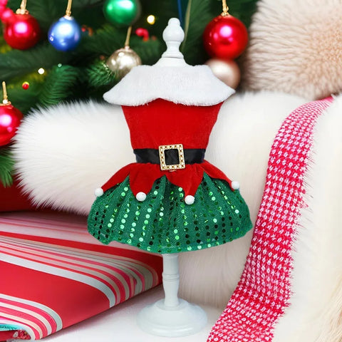 Christmas Dog Dress – Red Belt & Sequin Skirt Holiday Outfit